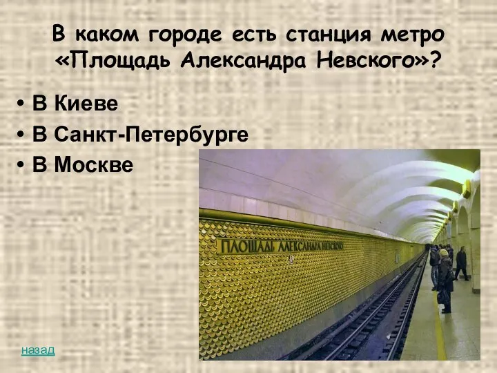 В каком городе есть станция метро «Площадь Александра Невского»? В Киеве В Санкт-Петербурге В Москве назад