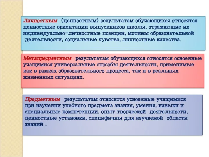 Личностным (ценностным) результатам обучающихся относятся ценностные ориентации выпускников школы, отражающие