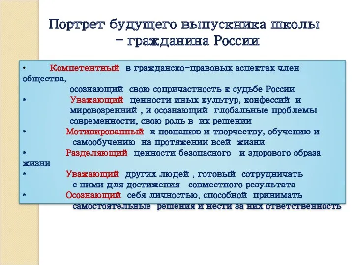 Портрет будущего выпускника школы – гражданина России • Компетентный в гражданско-правовых аспектах член