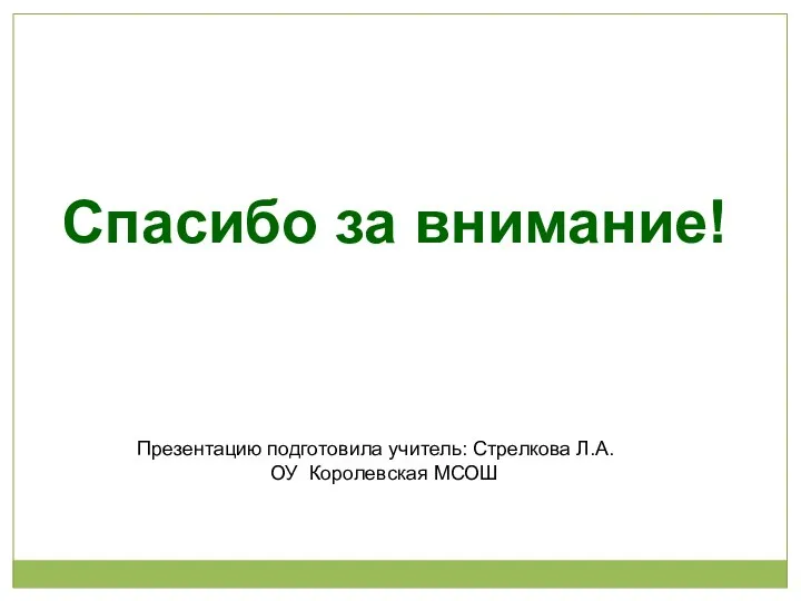 Презентацию подготовила учитель: Стрелкова Л.А. ОУ Королевская МСОШ Спасибо за внимание!