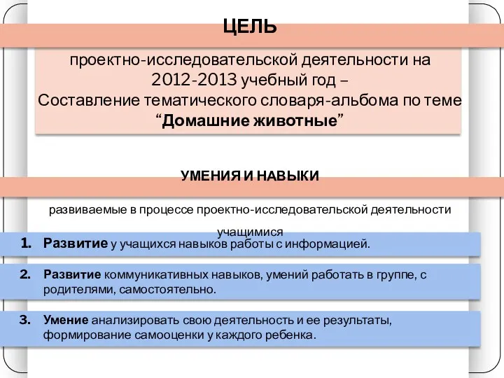 ЦЕЛЬ проектно-исследовательской деятельности на 2012-2013 учебный год – Составление тематического