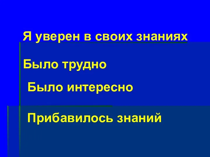 Я уверен в своих знаниях Было трудно Было интересно Прибавилось знаний