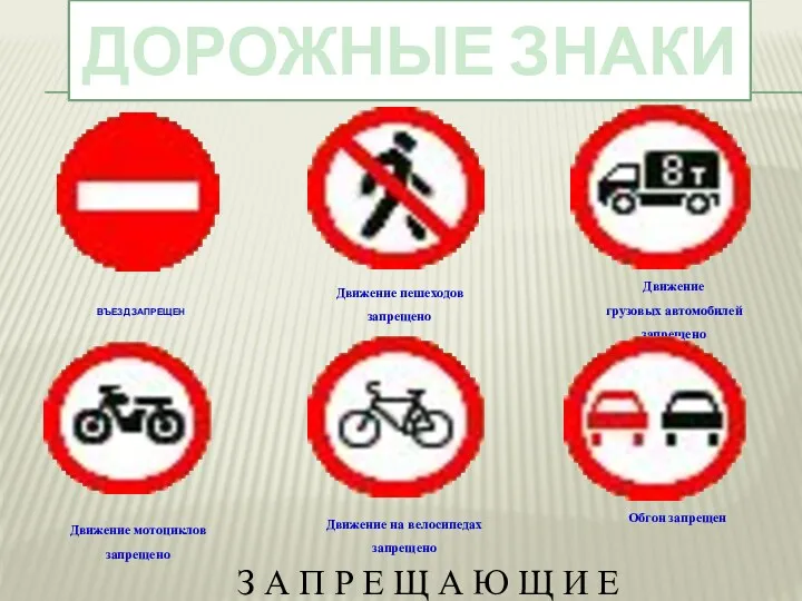 ВЪЕЗД ЗАПРЕЩЕН Движение пешеходов запрещено Движение грузовых автомобилей запрещено Движение
