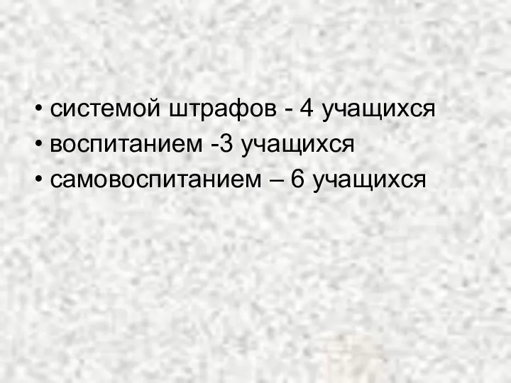 системой штрафов - 4 учащихся воспитанием -3 учащихся самовоспитанием – 6 учащихся