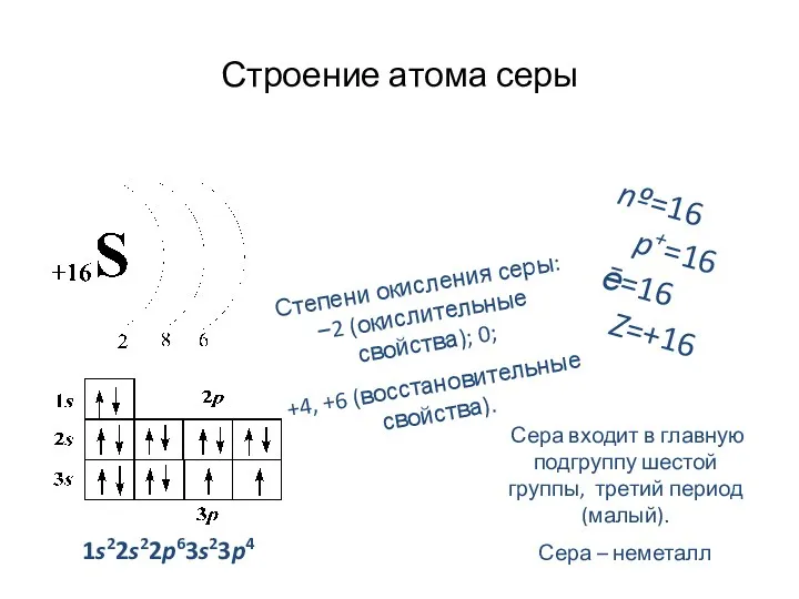 Строение атома серы 1s22s22p63s23p4 nº=16 p+=16 ē=16 Z=+16 Сера входит