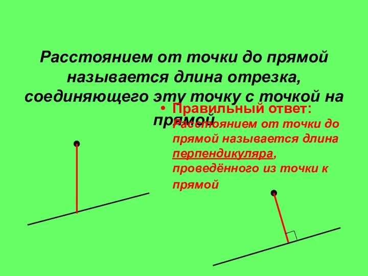 Расстоянием от точки до прямой называется длина отрезка, соединяющего эту
