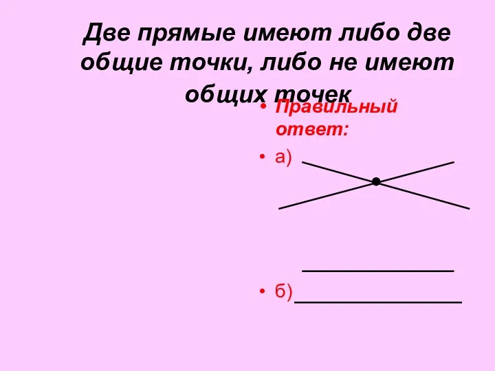 Две прямые имеют либо две общие точки, либо не имеют общих точек Правильный ответ: а) б)