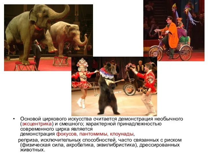 Основой циркового искусства считается демонстрация необычного (эксцентрика) и смешного; характерной