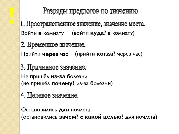 Разряды предлогов по значению Войти в комнату Прийти через час