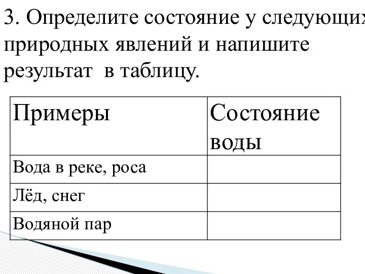 3. Определите состояние у следующих природных явлений и напишите результат в таблицу.