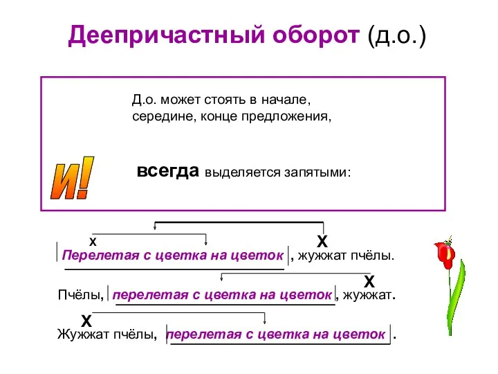 Деепричастный оборот (д.о.) и! Д.о. может стоять в начале, середине,