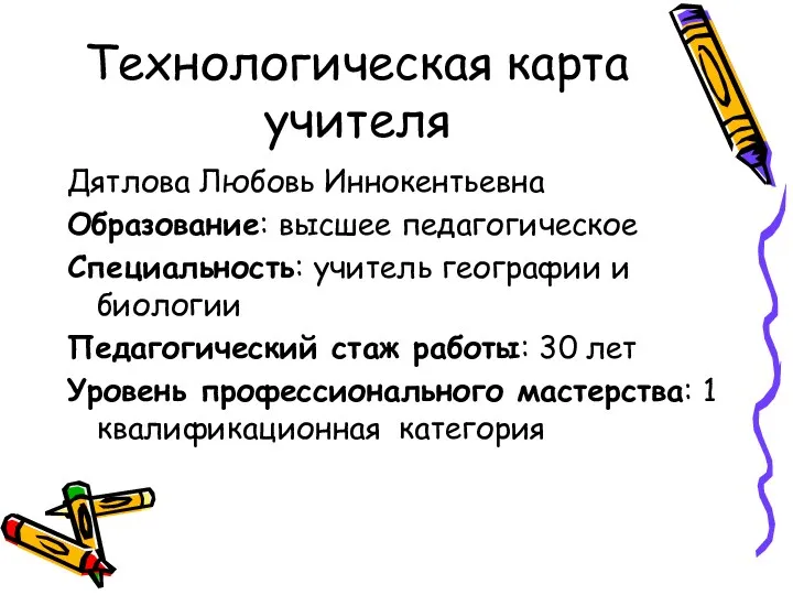 Технологическая карта учителя Дятлова Любовь Иннокентьевна Образование: высшее педагогическое Специальность: учитель географии и