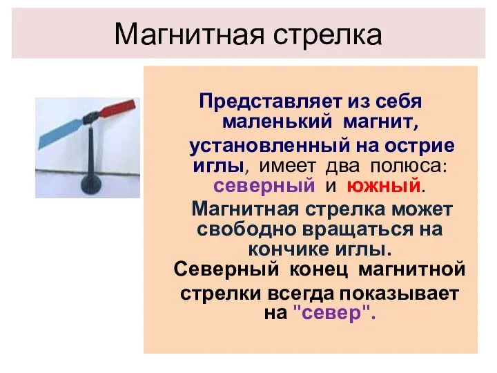 Магнитная стрелка Представляет из себя маленький магнит, установленный на острие