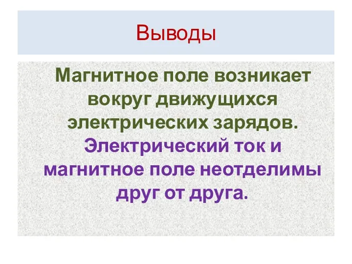 Выводы Магнитное поле возникает вокруг движущихся электрических зарядов. Электрический ток