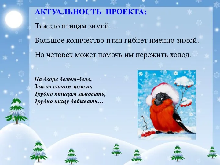 На дворе белым-бело, Землю снегом замело. Трудно птицам зимовать, Трудно