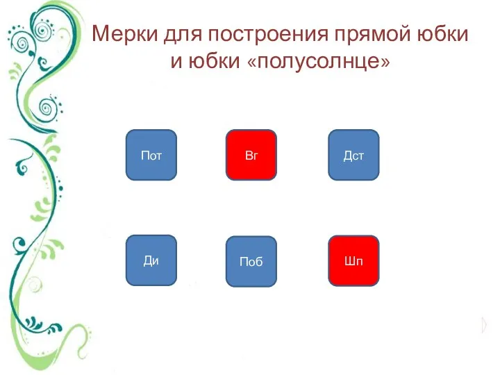 Мерки для построения прямой юбки и юбки «полусолнце» Пот Вг Дст Ди Поб Шп