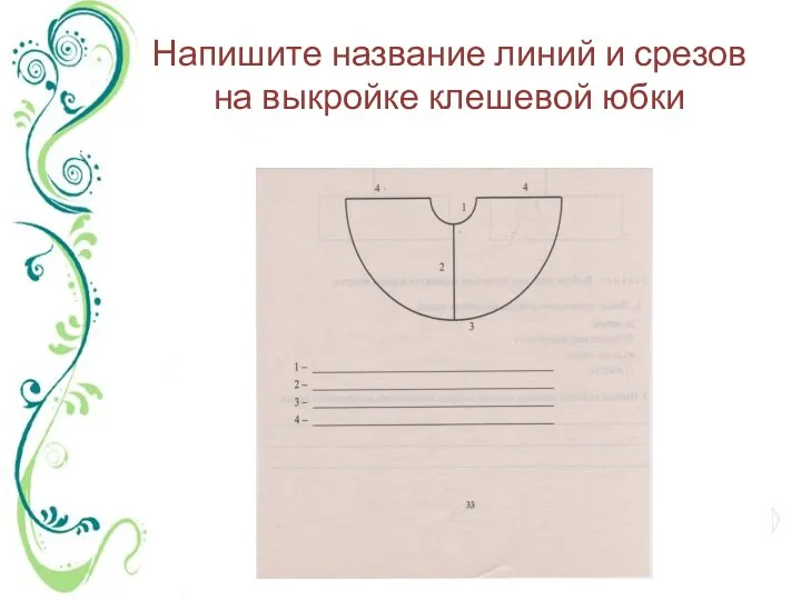 Напишите название линий и срезов на выкройке клешевой юбки