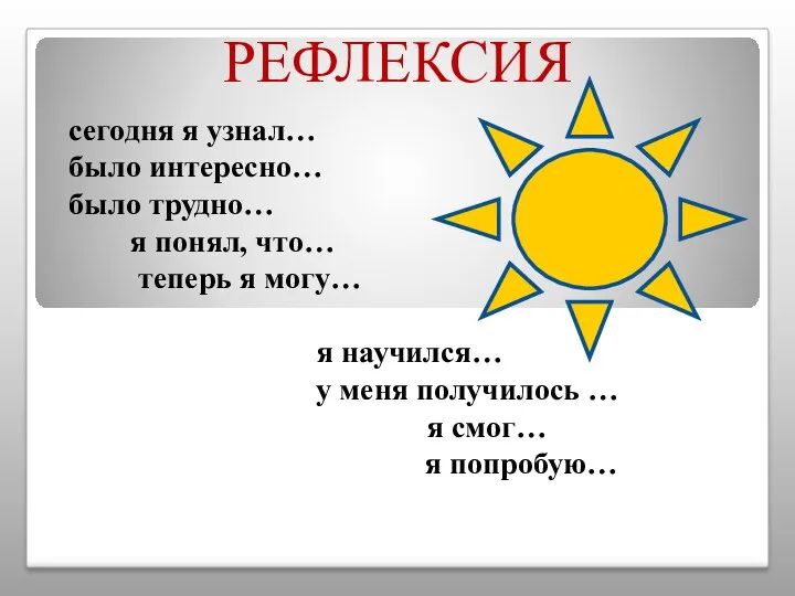 РЕФЛЕКСИЯ сегодня я узнал… было интересно… было трудно… я понял,