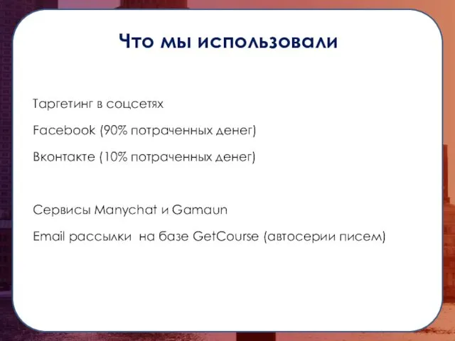 Что мы использовали Таргетинг в соцсетях Facebook (90% потраченных денег) Вконтакте (10% потраченных