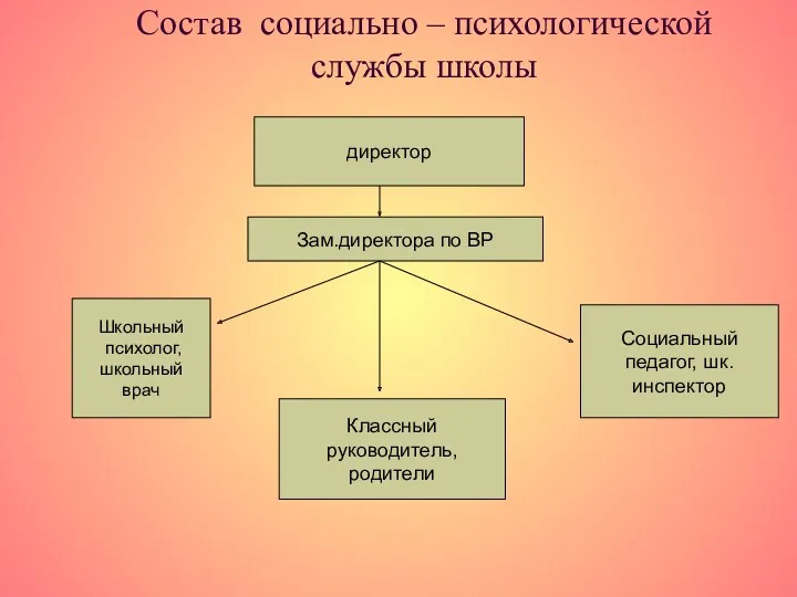 Состав социально – психологической службы школы директор Зам.директора по ВР Школьный психолог, школьный