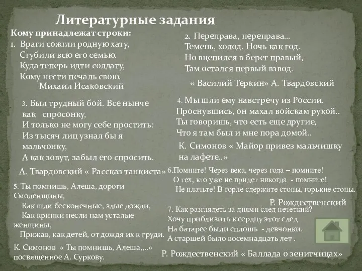 Литературные задания Кому принадлежат строки: 1. Враги сожгли родную хату,