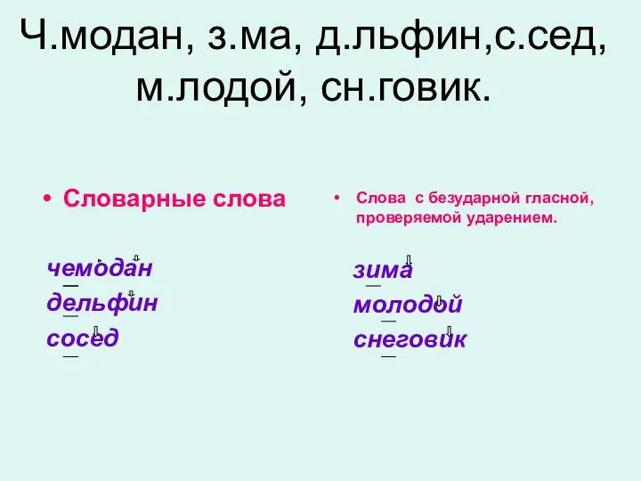 Ч.модан, з.ма, д.льфин,с.сед, м.лодой, сн.говик. Словарные слова чемодан дельфин сосед