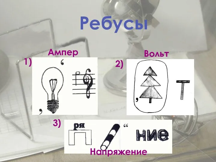 Ребусы 1) 2) 3) Ампер Вольт Напряжение