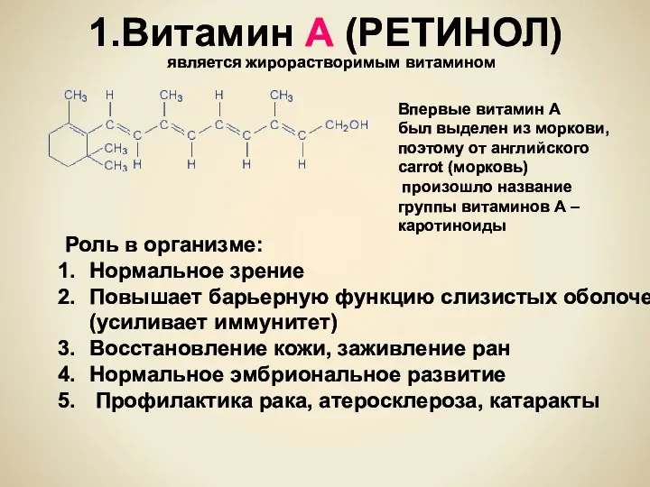 1.Витамин А (РЕТИНОЛ) является жирорастворимым витамином Впервые витамин А был