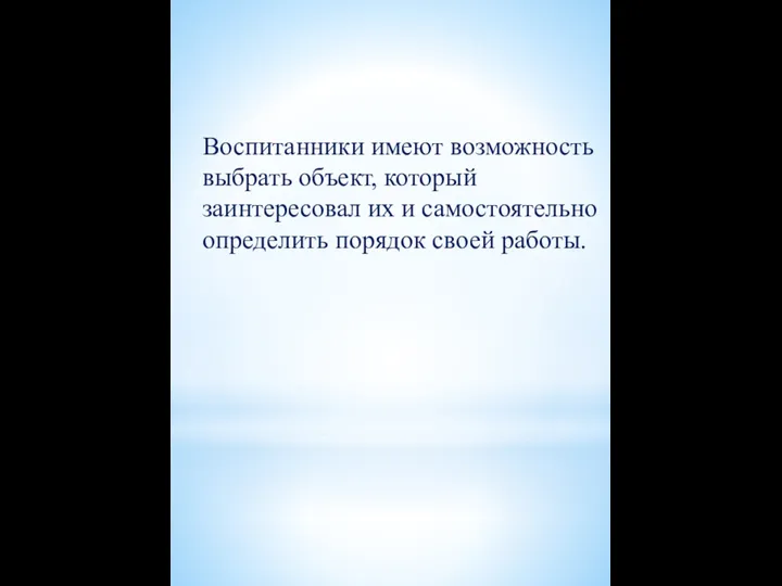 Воспитанники имеют возможность выбрать объект, который заинтересовал их и самостоятельно определить порядок своей работы.