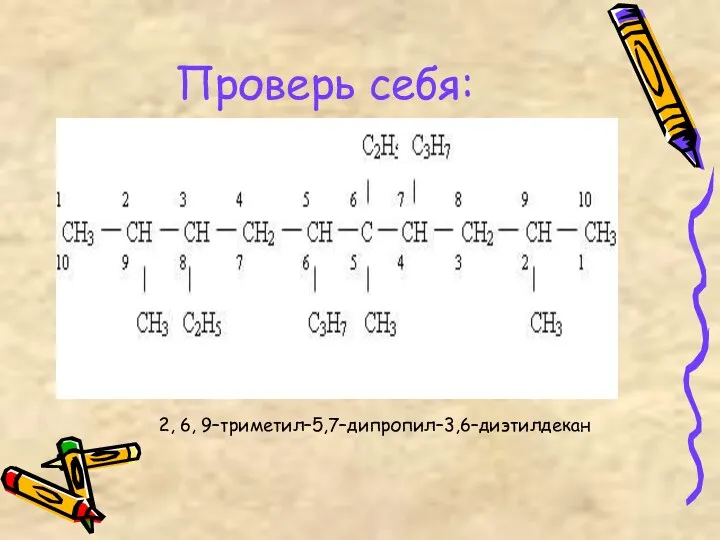 Проверь себя: 2, 6, 9–триметил–5,7–дипропил–3,6–диэтилдекан