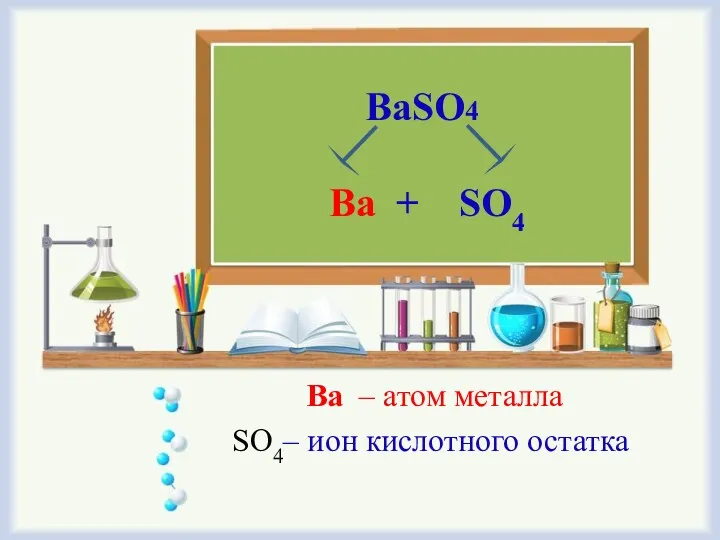 ВаSO4 Ba + SO4 Ba – атом металла SO4– ион кислотного остатка