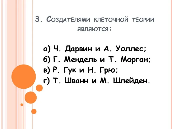 3. Создателями клеточной теории являются: а) Ч. Дарвин и А. Уоллес; б) Г.