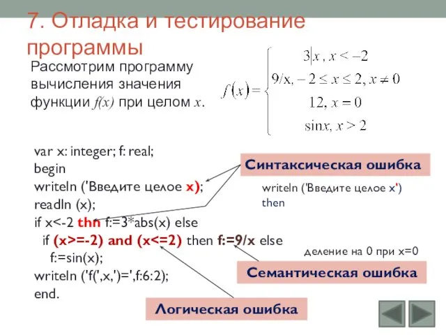 7. Отладка и тестирование программы Рассмотрим программу вычисления значения функции