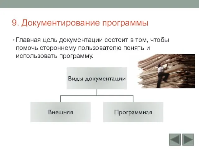 9. Документирование программы Главная цель документации состоит в том, чтобы