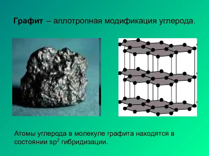 Графит – аллотропная модификация углерода. Атомы углерода в молекуле графита находятся в состоянии sp2 гибридизации.