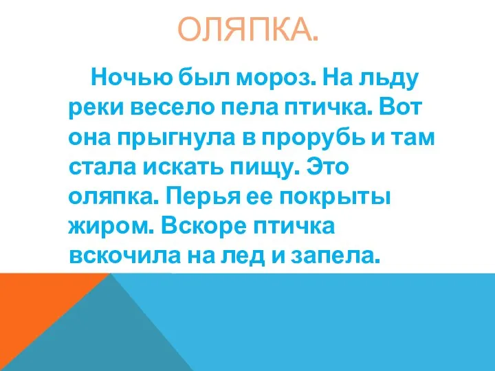 Оляпка. Ночью был мороз. На льду реки весело пела птичка. Вот она прыгнула