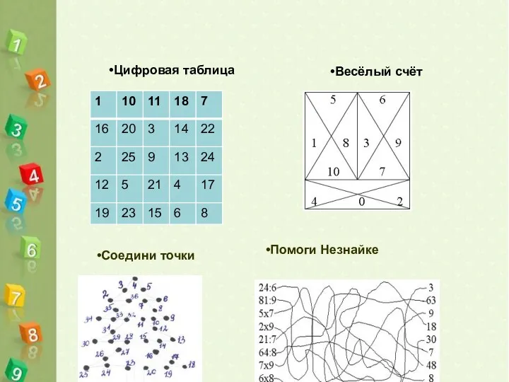 Помоги Незнайке Цифровая таблица Весёлый счёт Соедини точки