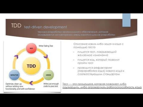 TDD техника разработки программного обеспечения, которая основывается на повторении очень