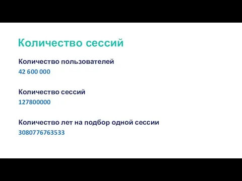 Количество сессий Количество пользователей 42 600 000 Количество сессий 127800000