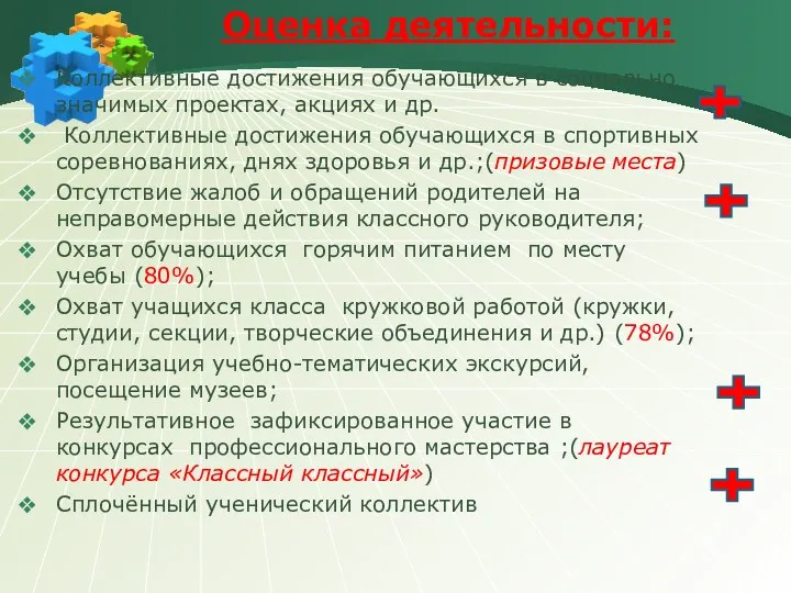 Оценка деятельности: Коллективные достижения обучающихся в социально значимых проектах, акциях и др. Коллективные