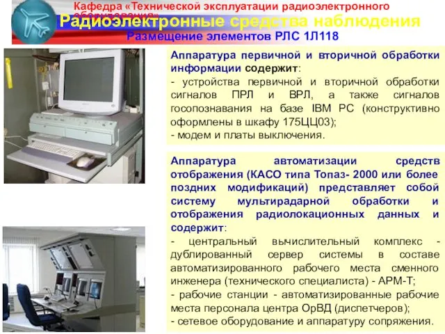 Радиоэлектронные средства наблюдения Размещение элементов РЛС 1Л118 Аппаратура первичной и