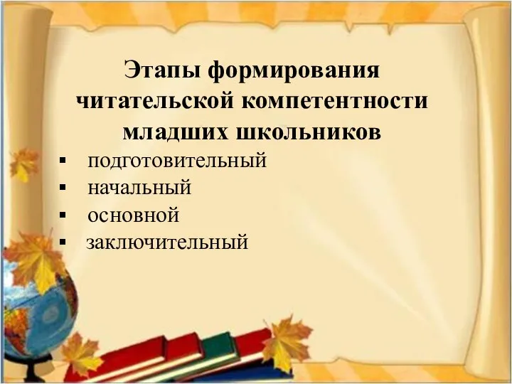 Этапы формирования читательской компетентности младших школьников подготовительный начальный основной заключительный