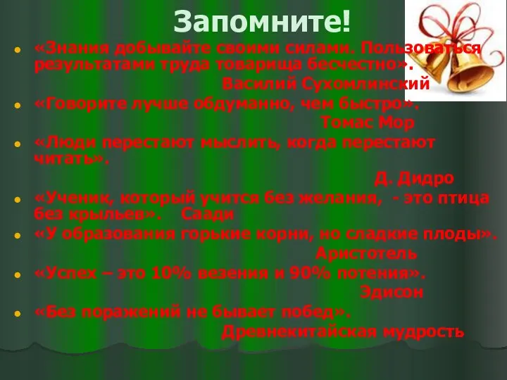 Запомните! «Знания добывайте своими силами. Пользоваться результатами труда товарища бесчестно». Василий Сухомлинский «Говорите