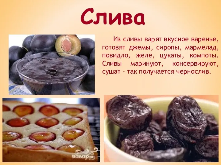 Слива Из сливы варят вкусное варенье, готовят джемы, сиропы, мармелад,