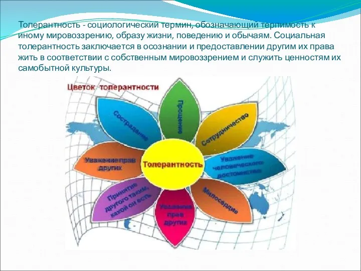 Толерантность - социологический термин, обозначающий терпимость к иному мировоззрению, образу