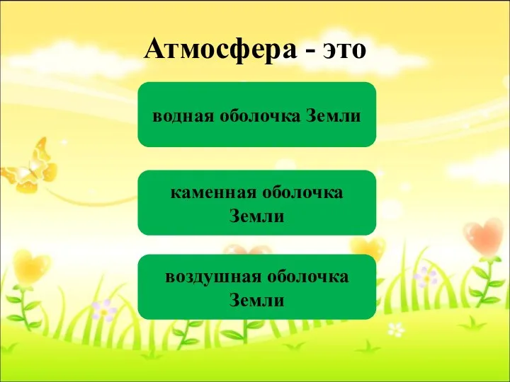 Атмосфера - это воздушная оболочка Земли водная оболочка Земли каменная оболочка Земли