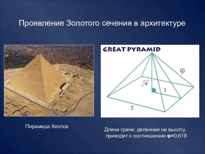 Проявление Золотого сечения в архитектуре Пирамида Хеопса Длина грани, деленная на высоту, приводит к соотношению φ=0,618