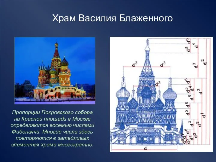Пропорции Покровского собора на Красной площади в Москве определяются восемью числами Фибоначчи. Многие