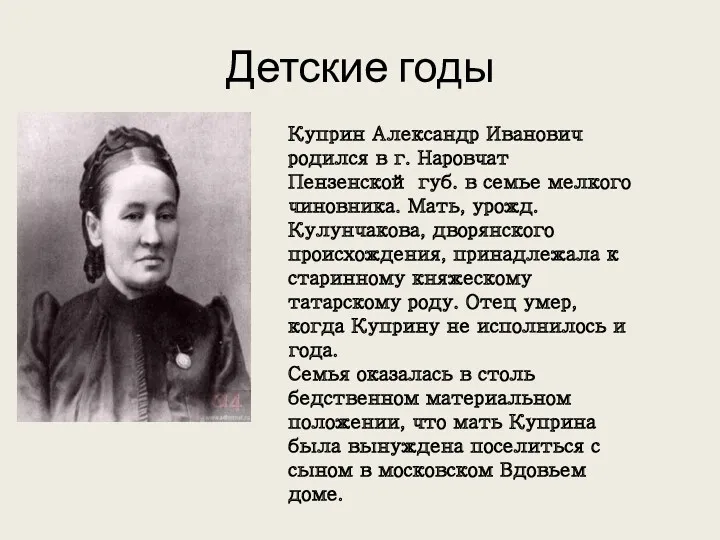 Детские годы Куприн Александр Иванович родился в г. Наровчат Пензенской