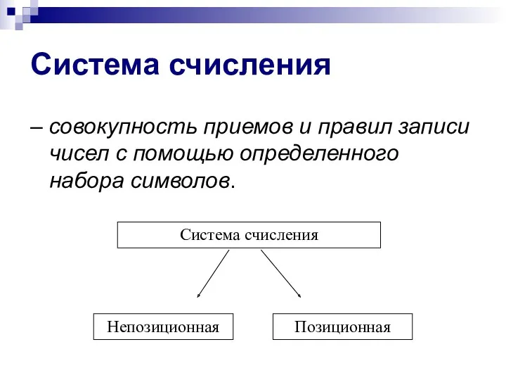 Система счисления – совокупность приемов и правил записи чисел с